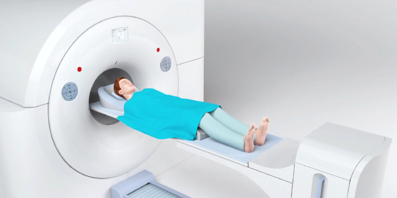 A man vector lying on the PET scan machine for undergoing the scan process.